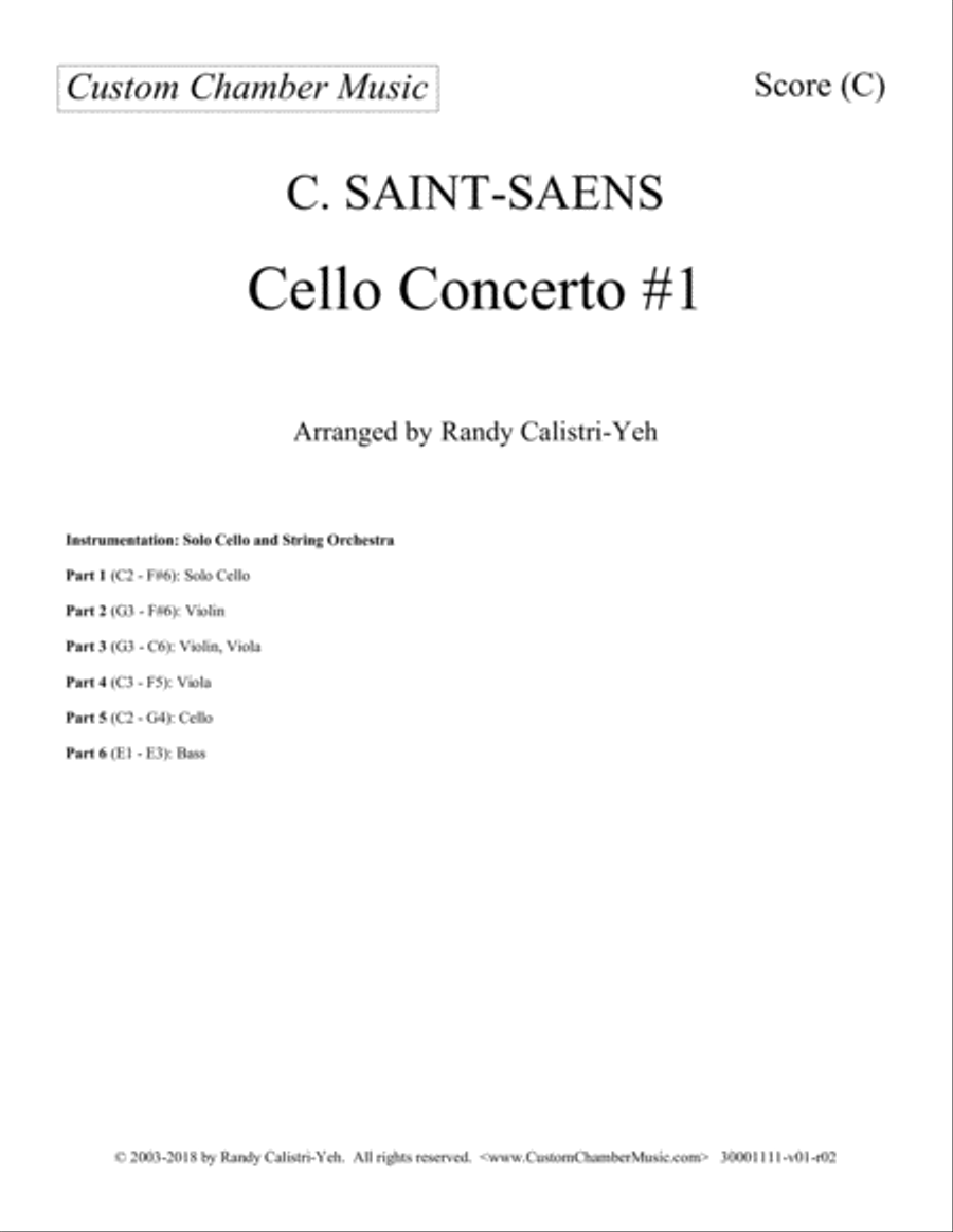 Saint-Saens Cello Concerto #1 in A minor, Op. 33 (with string orchestra) String Orchestra scores gallery preview page 1