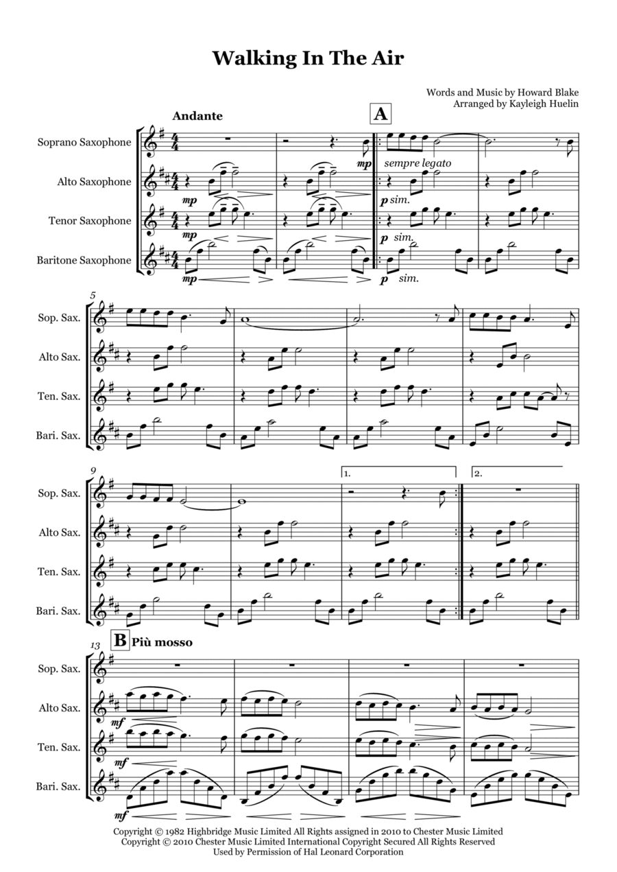 Walking In The Air Saxophone Quartet scores gallery preview page 1