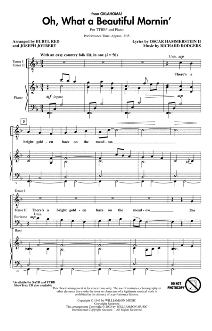 Oh, What A Beautiful Mornin' (from Oklahoma) (arr. Buryl Red & Joseph Joubert) TTBB scores gallery preview page 1