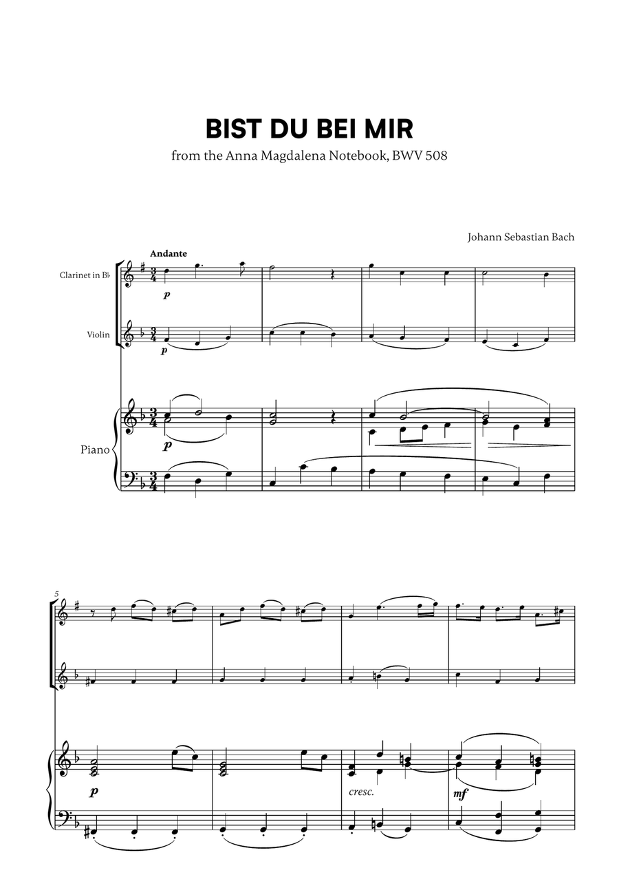 Johann Sebastian Bach - Bist du bei Mir (BWV 508) (F major) (for Clarinet and Violin)