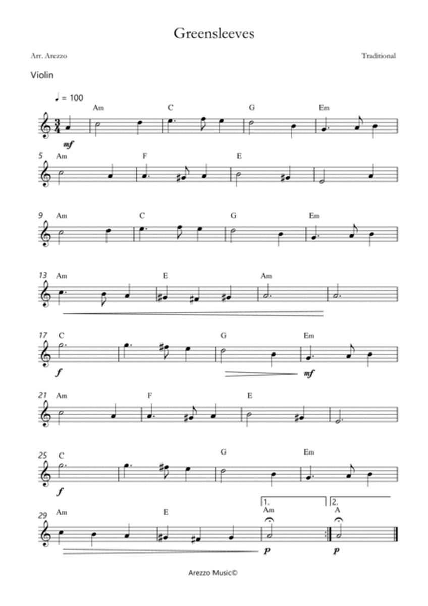 greensleeves for string quintet with chords sheet music image number null