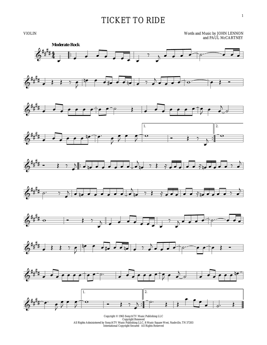 Ticket To Ride Ticket To Ride Violin Solo scores gallery preview page 1