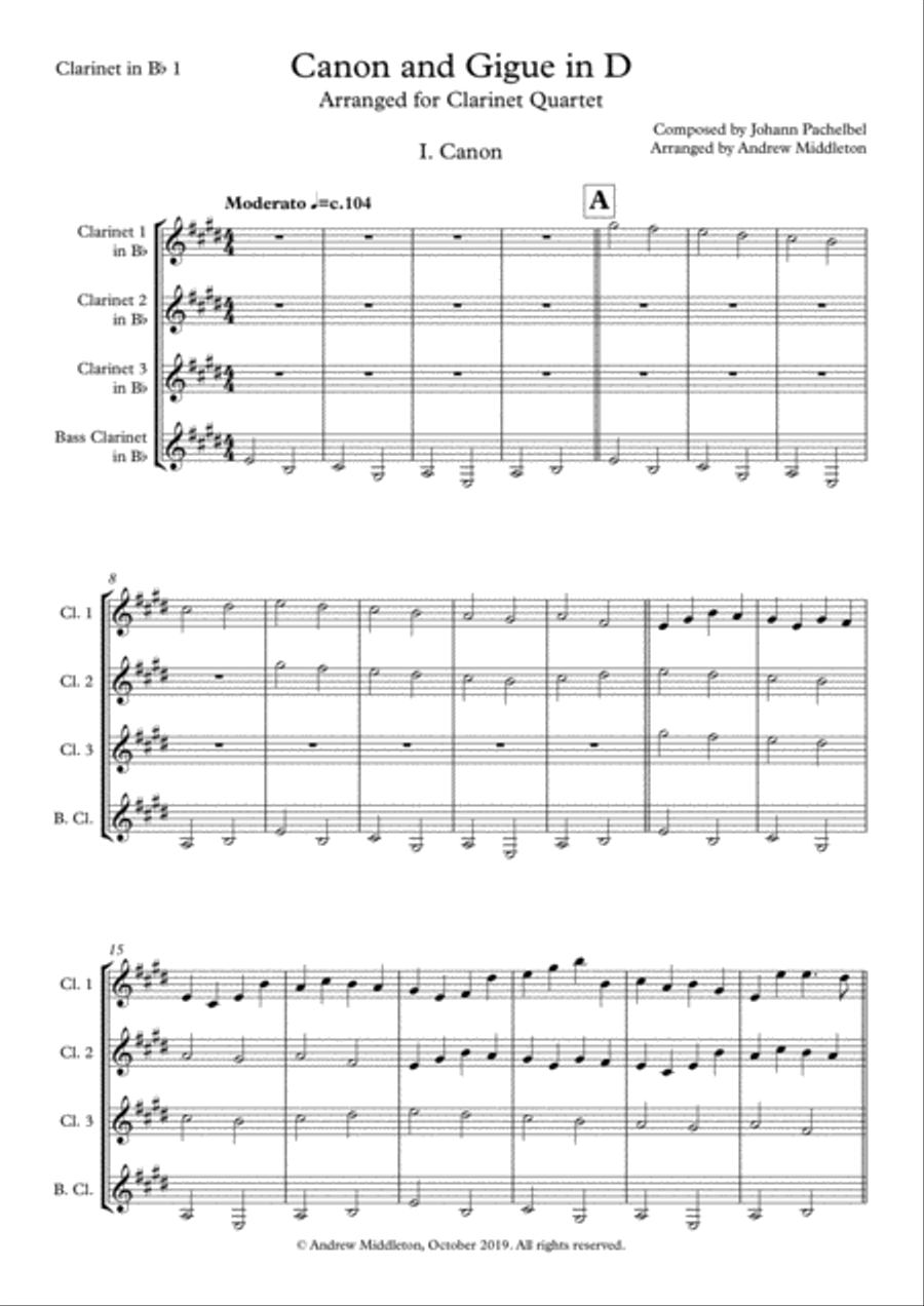Canon and Gigue in D for Clarinet Quartet Clarinet Quartet scores gallery preview page 3