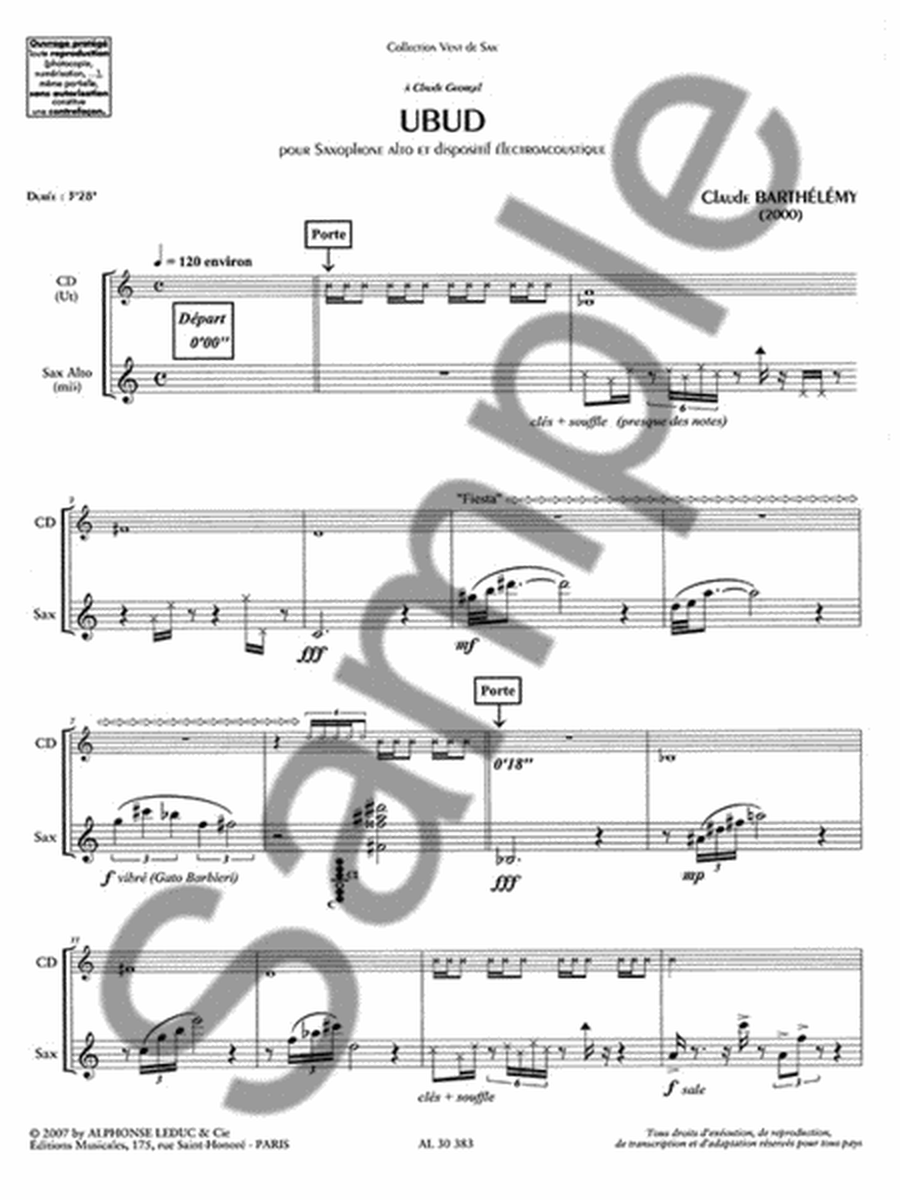 Barthelemy Claude Ubud (ed Georgel Claude) Alto Saxophone Book & Cd Al30384