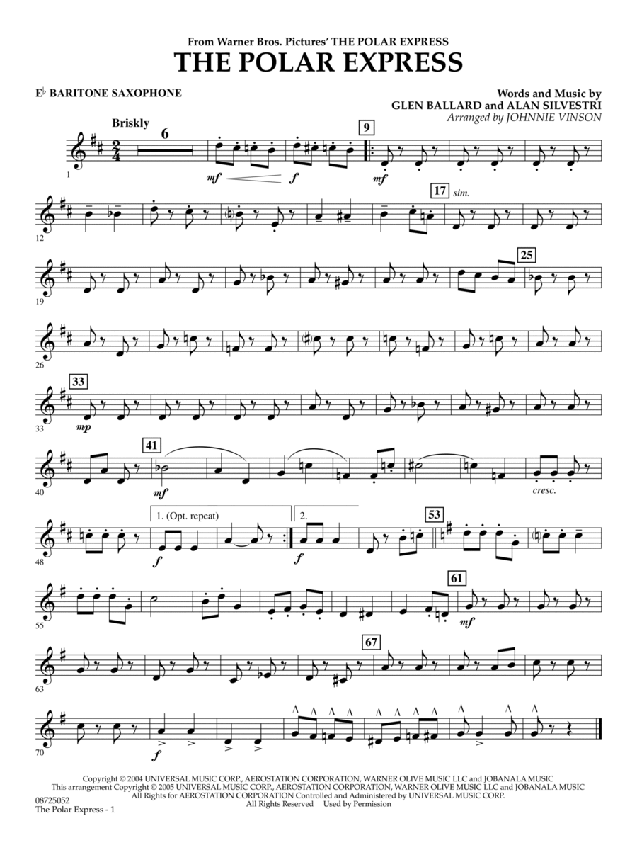 The Polar Express (Main Theme) (arr. Johnnie Vinson) - Eb Baritone Saxophone