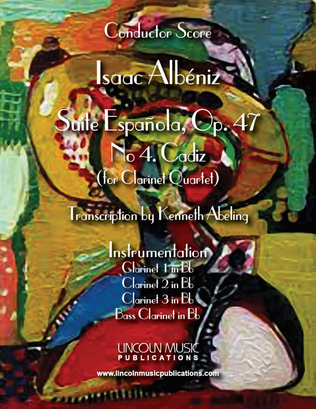 Book cover for Suite Española, Op. 47, No. 4. Cadiz (for Clarinet Quartet)