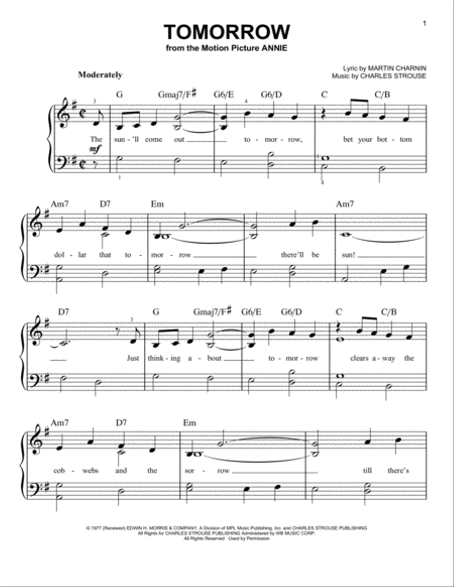 Tomorrow Easy Piano scores gallery preview page 1