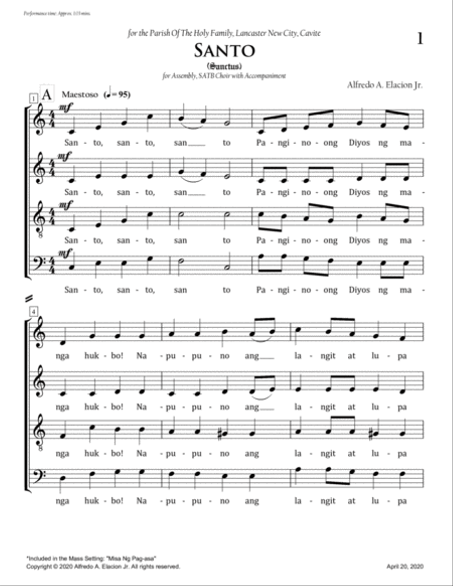 Santo - Misa Ng Pag-asa - Alfredo A. Elacion Jr. 4-Part scores gallery preview page 1