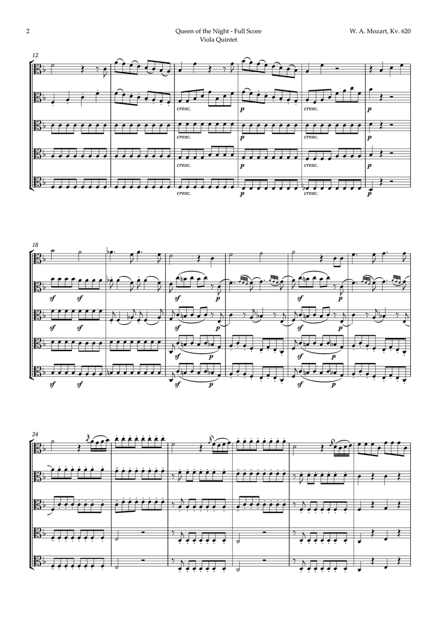 Queen of the Night Aria by Mozart for Viola Quintet String Quintet scores gallery preview page 2