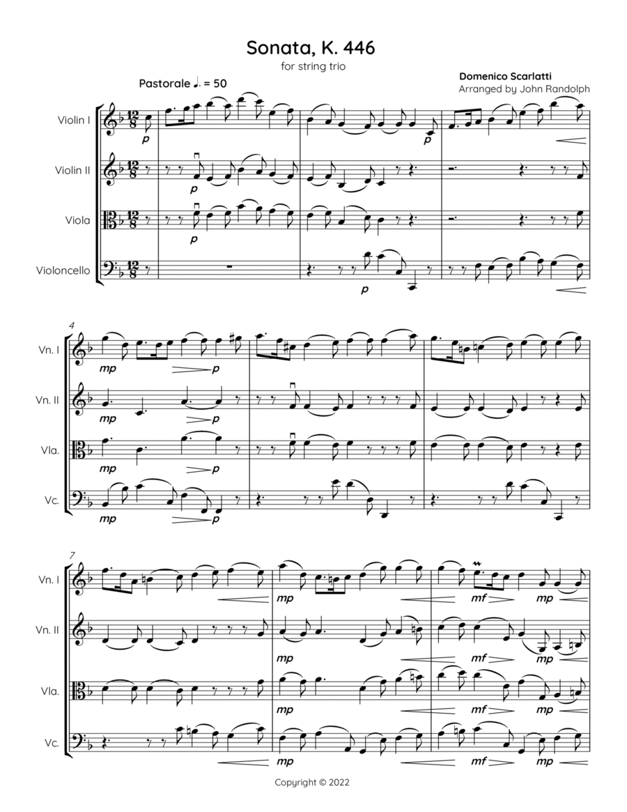 Scarlatti Piano Sonata K. 446 arranged for string trio String Trio scores gallery preview page 1