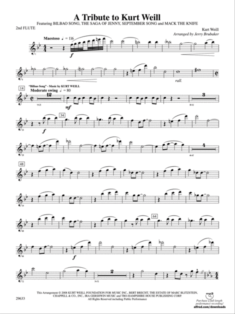 A Tribute to Kurt Weill: 2nd Flute Concert Band scores gallery preview page 1