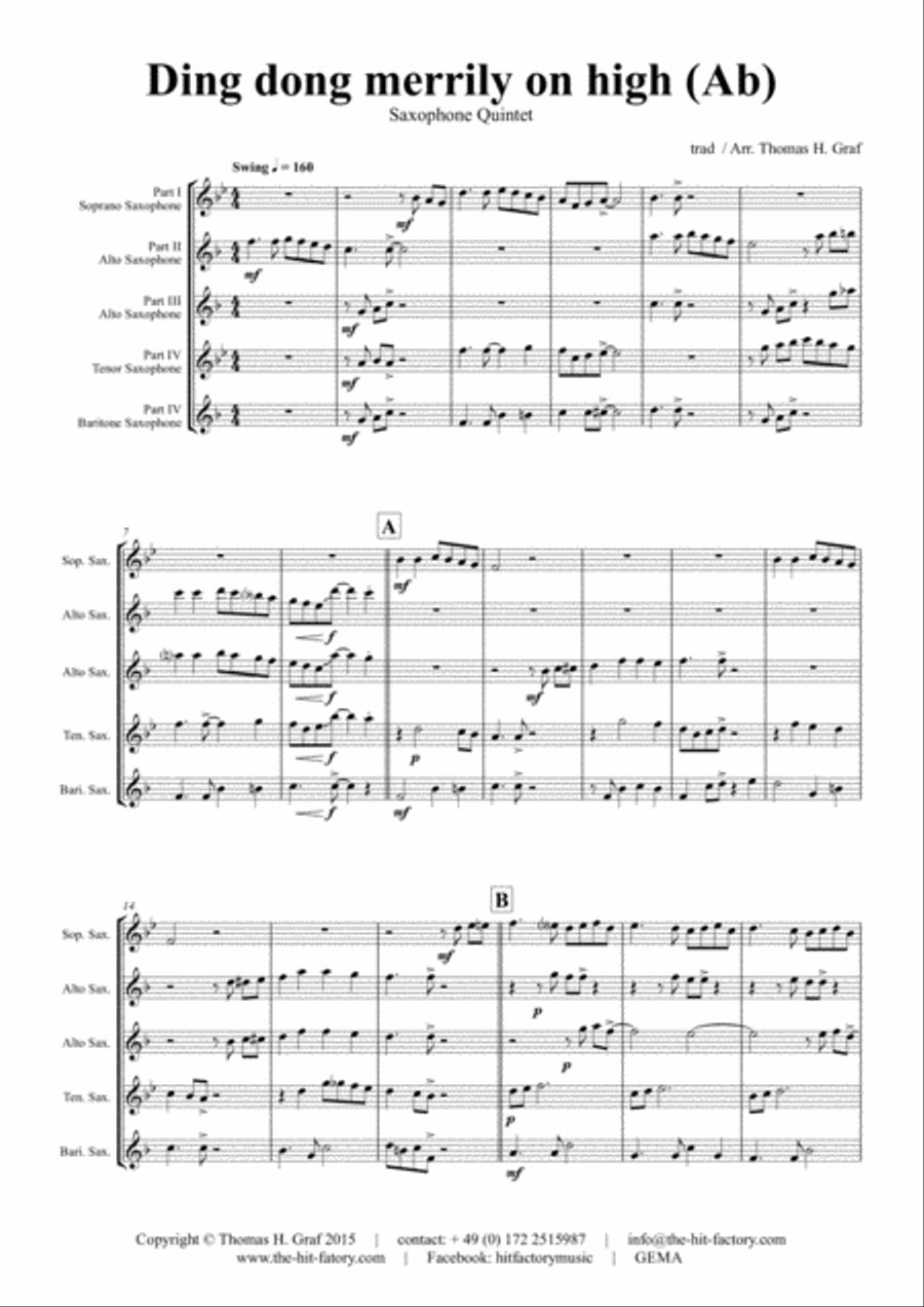 Ding dong merrily on high (Ab) - Swing - Saxophone Quintet Saxophone Quintet scores gallery preview page 1