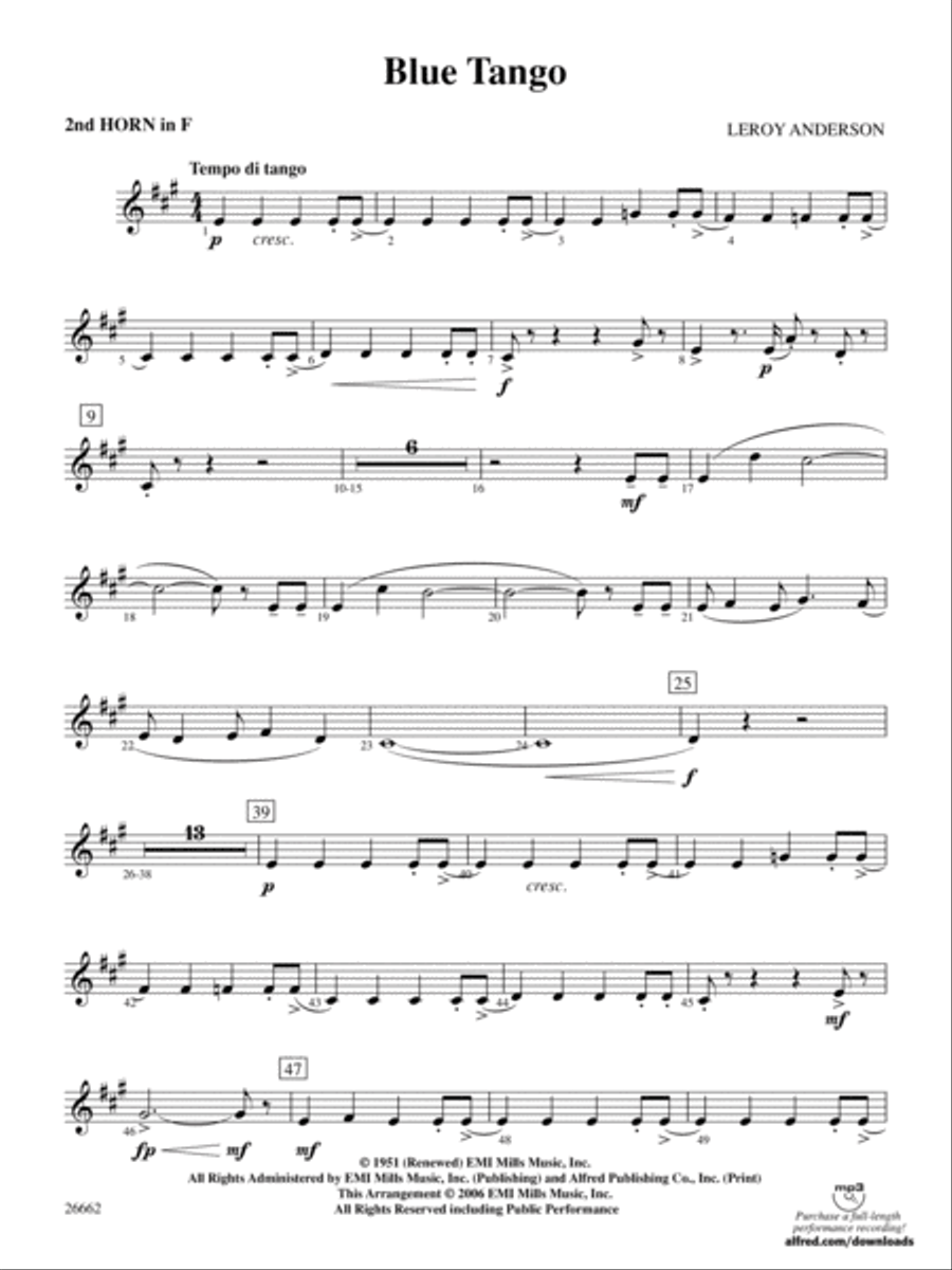 Blue Tango: 2nd F Horn Blue Tango: 2nd F Horn Full Orchestra scores gallery preview page 1