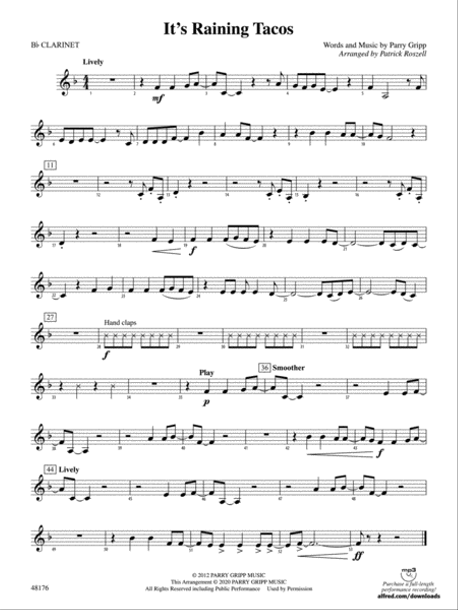It's Raining Tacos: 1st B-flat Clarinet Concert Band scores gallery preview page 1