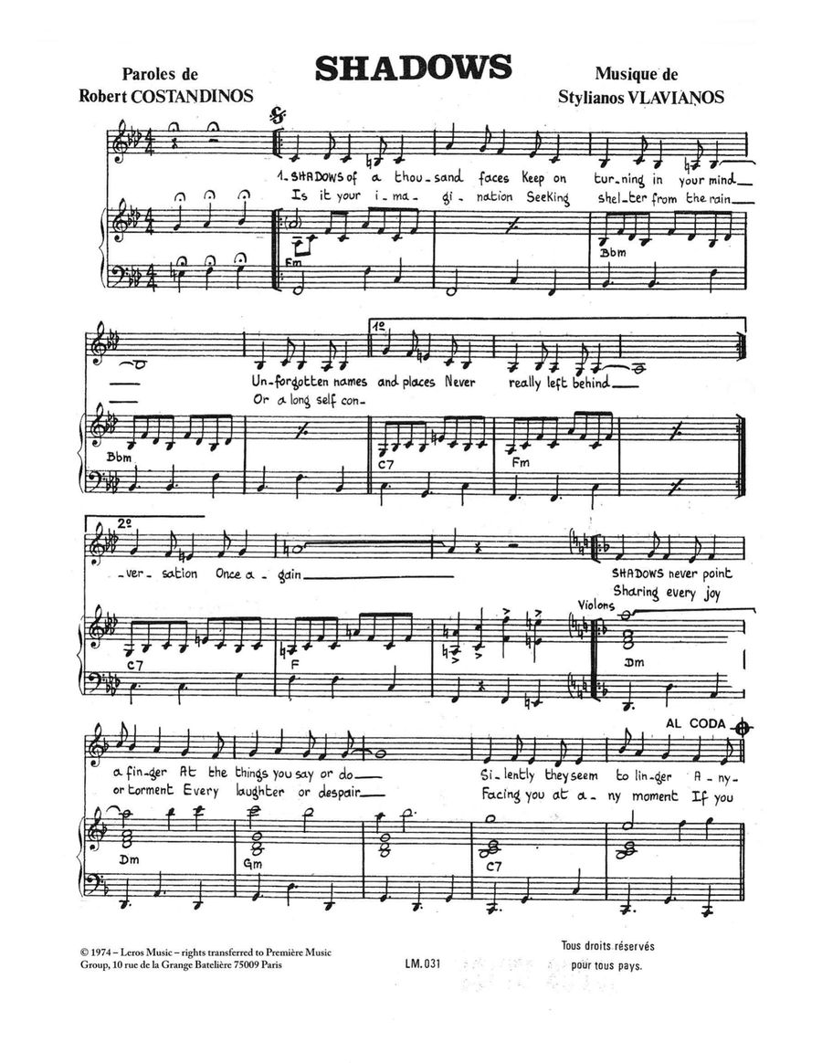Shadows Piano, Vocal scores gallery preview page 1