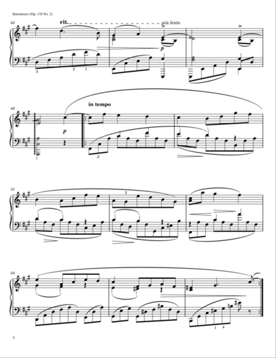 Johannes Brahms - Intermezzo - Op. 118 No. 2 (A Major) - Original With Fingered Piano Solo scores gallery preview page 4