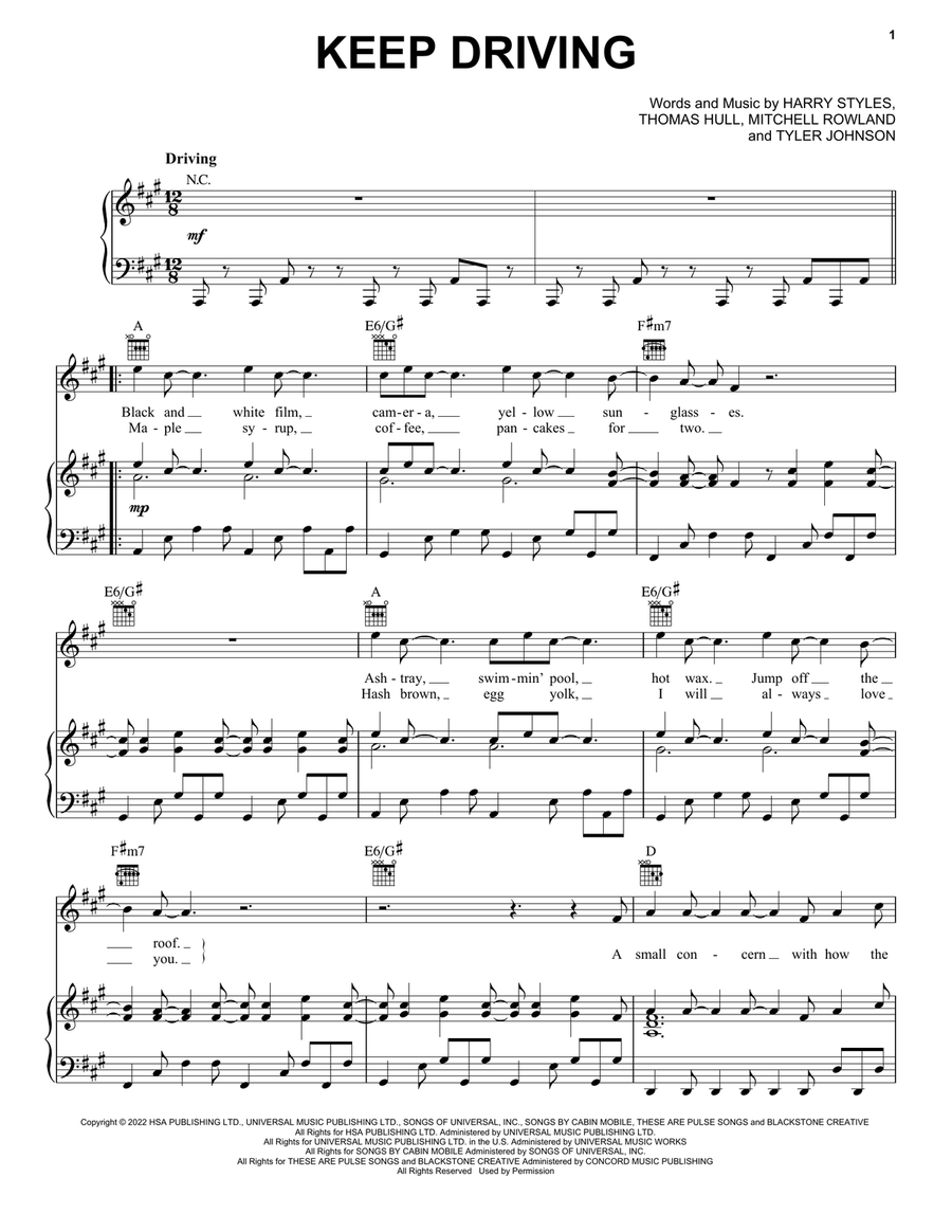 Keep Driving Piano, Vocal, Guitar scores gallery preview page 1