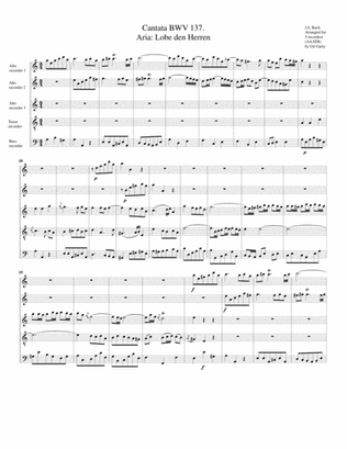 Aria: Lobe den Herren, from Cantata BWV 137 (arrangement for 5 recorders)