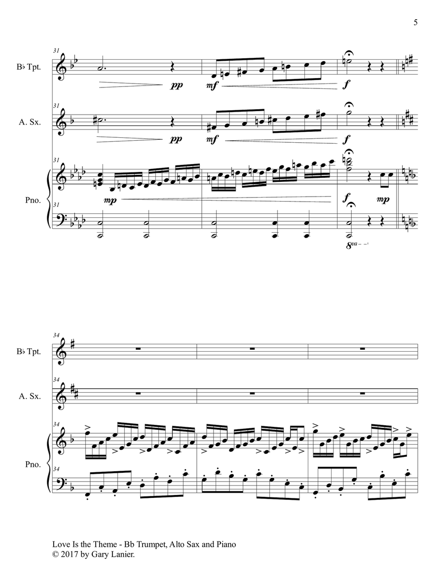 LOVE IS THE THEME (Trio – Bb Trumpet, Alto Sax & Piano with Score/Parts) Alto Saxophone scores gallery preview page 6
