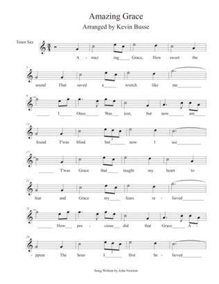 Amazing Grace - (In the easy key of C) - Tenor Sax