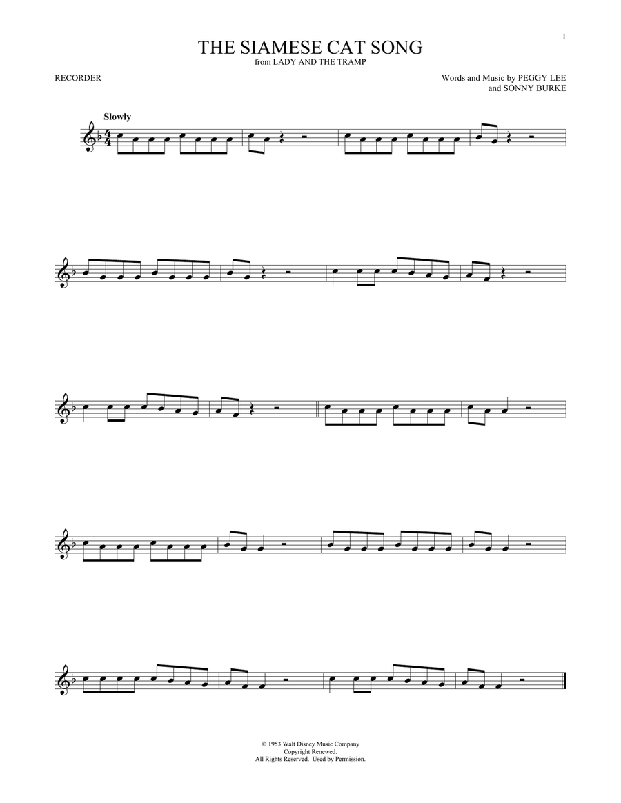 The Siamese Cat Song (from Lady And The Tramp) Recorder scores gallery preview page 1