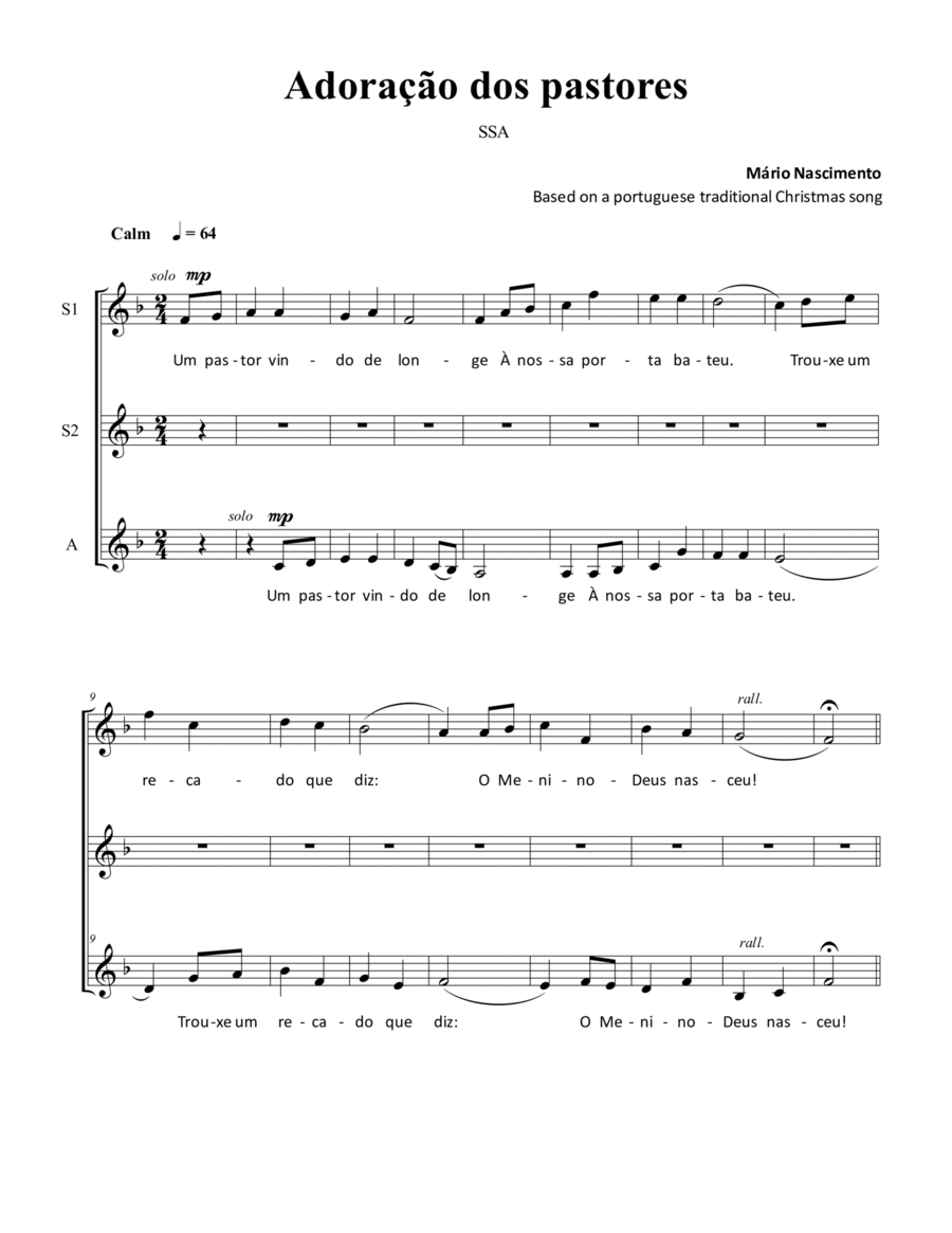 Adoração dos pastores (SSA a capella) SSA scores gallery preview page 1
