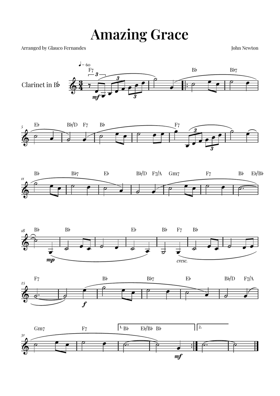 Amazing Grace // Beautiful Arrangement B-Flat Clarinet scores gallery preview page 1