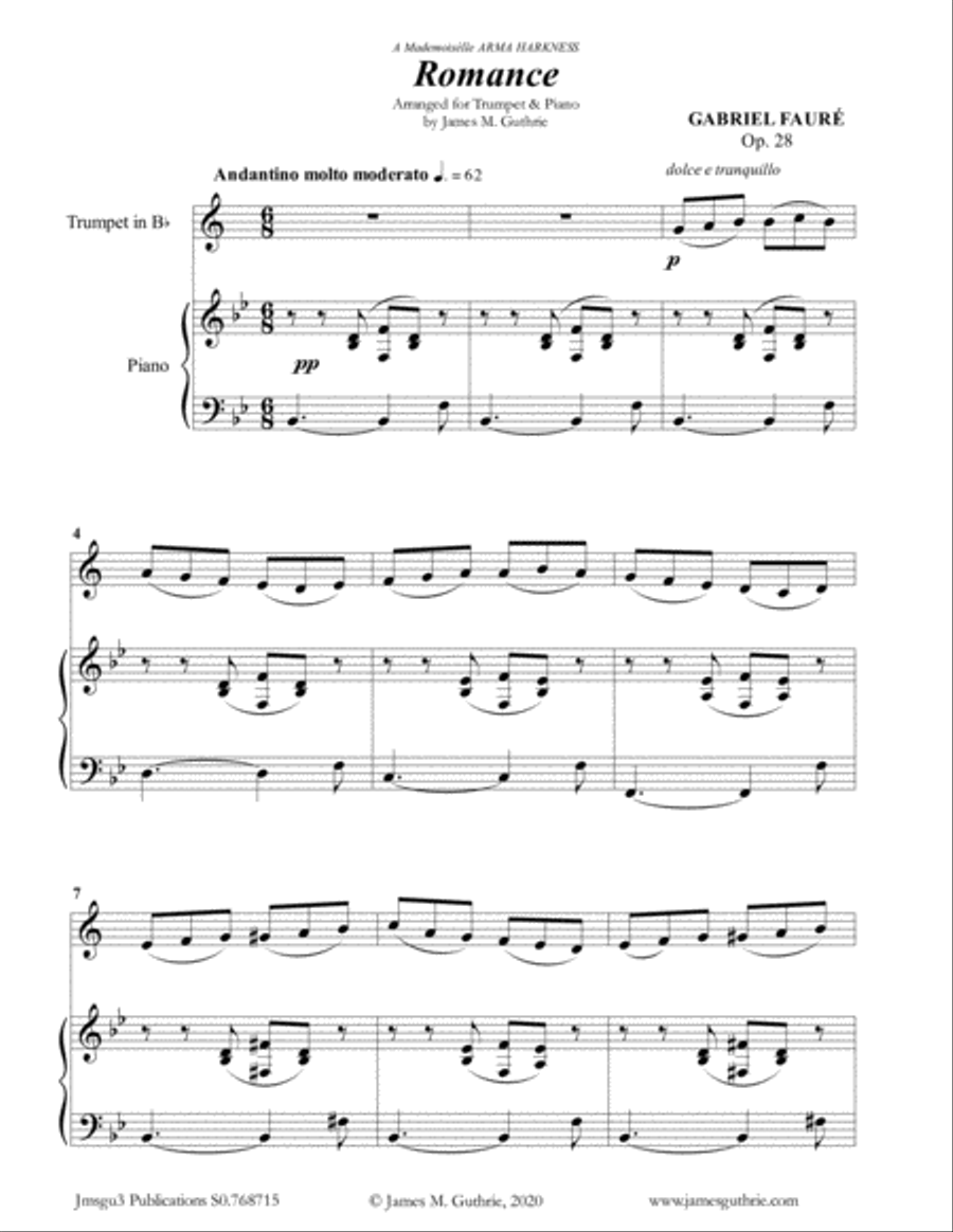 Fauré: Romance Op. 28 for Trumpet & Piano Trumpet Duet scores gallery preview page 1