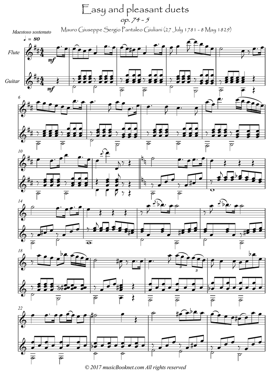 Easy Flute Guitar duets by Giuliani 74-5 Flute scores gallery preview page 1