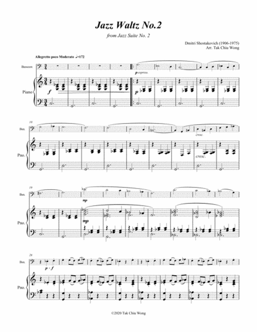 Jazz Waltz No. 2 arranged for Bassoon and Piano