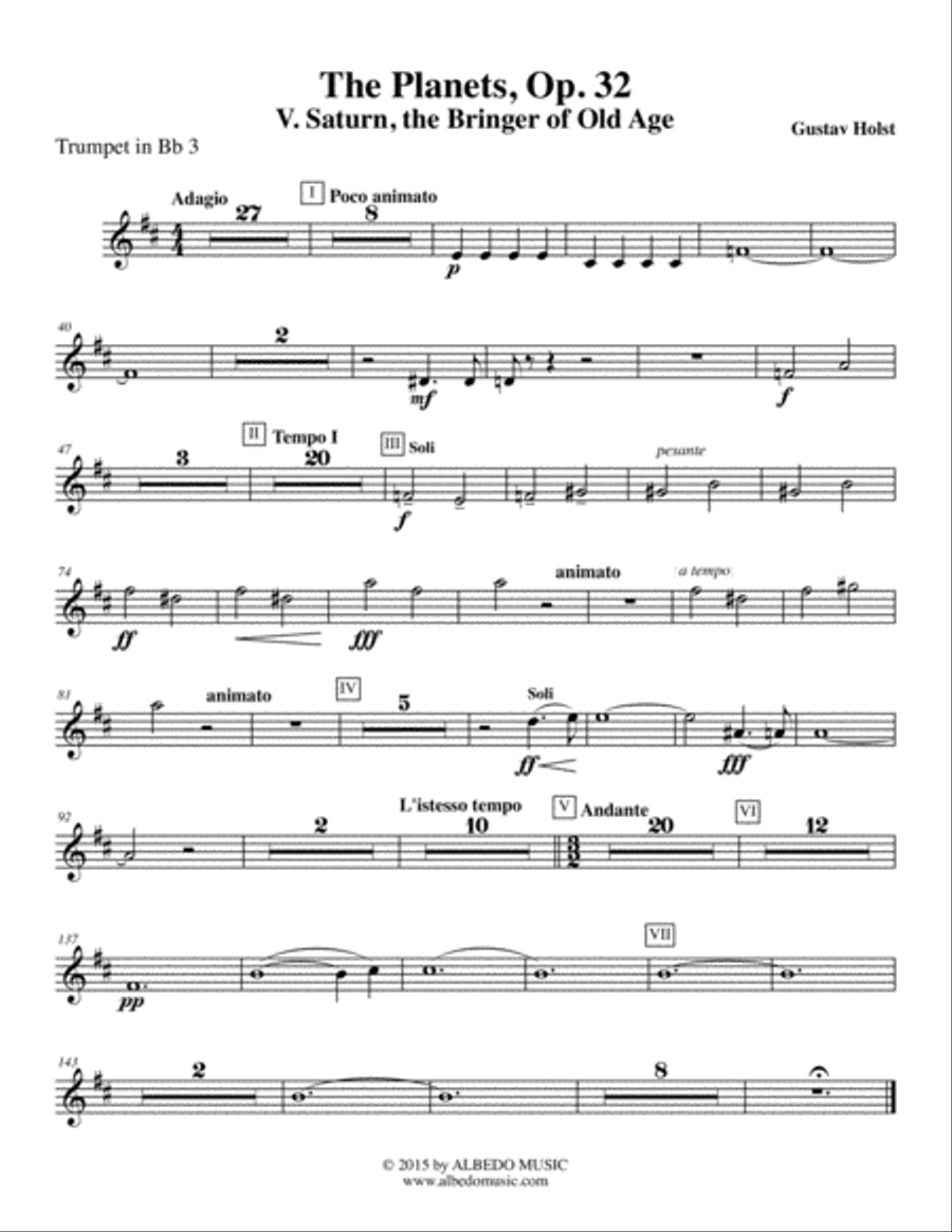 Holst The Planets, V. Saturn, the Bringer of Old Age - Trumpet in Bb 3 (Transposed Part), Op. 32 B-Flat Trumpet scores gallery preview page 1