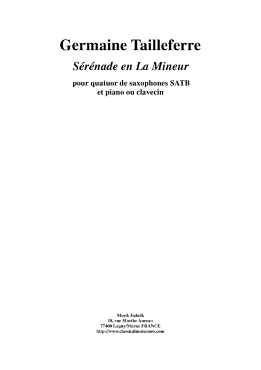 Germaine Tailleferre: Sérénade en La Mineur for SATB saxophone quartet and piano or harpsichord Woodwind Quartet scores gallery preview page 1