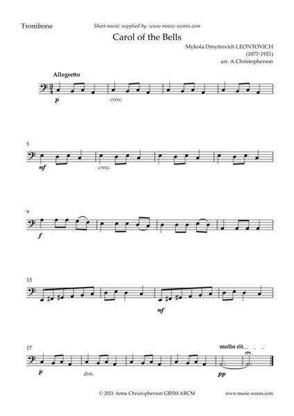 Carol of the Bells - Easy Trombone with note names image number null