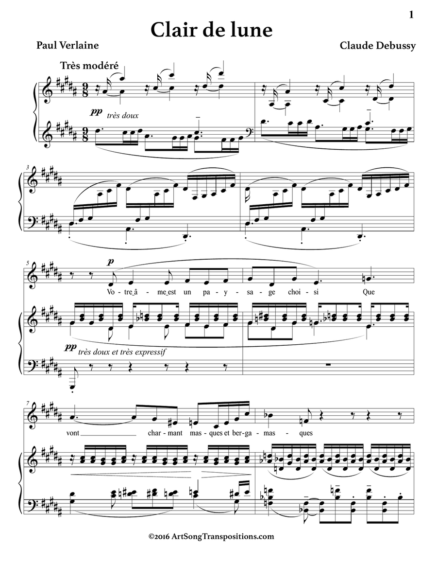 DEBUSSY: Clair de lune (second setting, transposed to G-sharp minor) Piano, Vocal scores gallery preview page 2