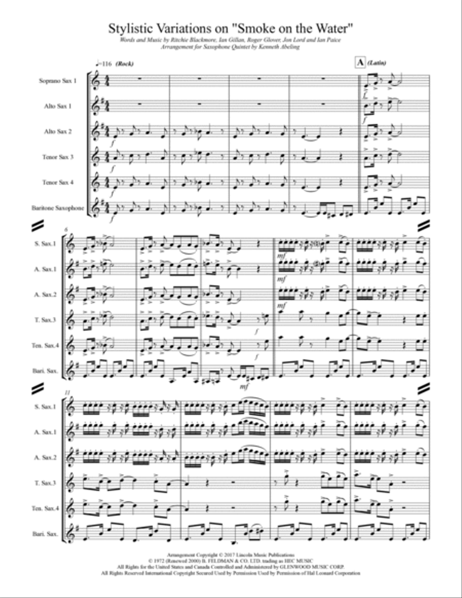 Smoke On The Water Saxophone Quintet scores gallery preview page 2