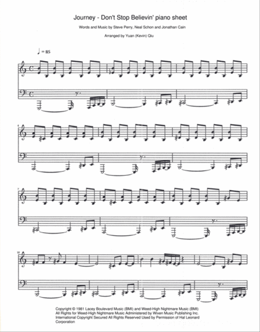 Don't Stop Believin' Easy Piano scores gallery preview page 1