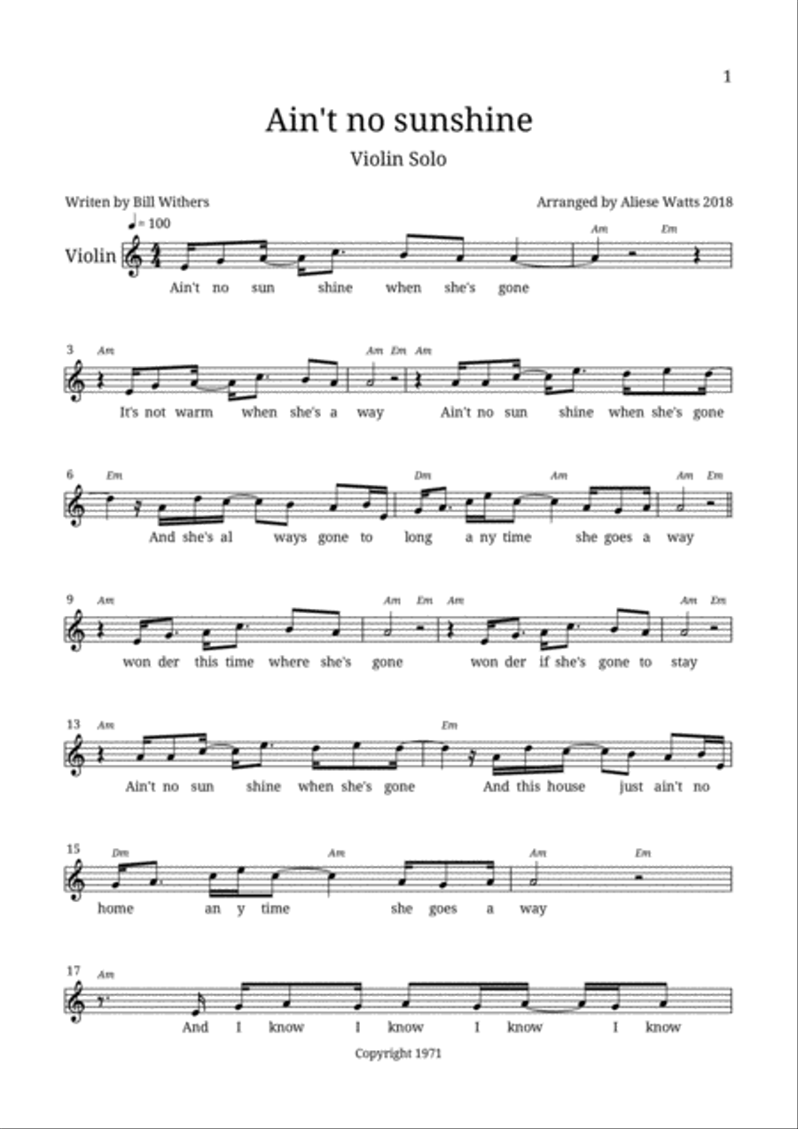 Ain't No Sunshine Ain't No Sunshine Violin Solo scores gallery preview page 1