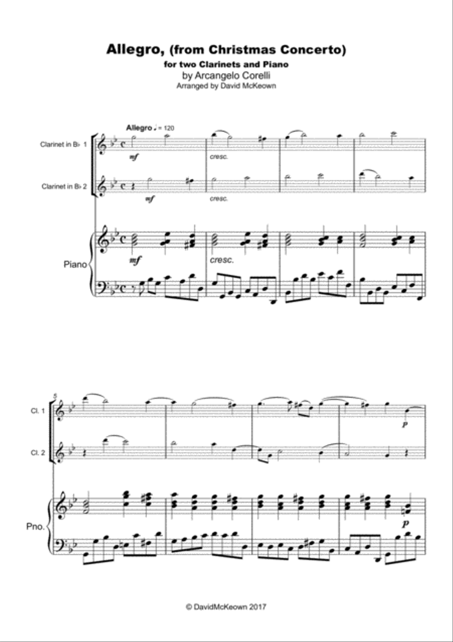 Christmas Concerto, Allegro, by Corelli; for Clarinet Duet or Solo, with optional Piano