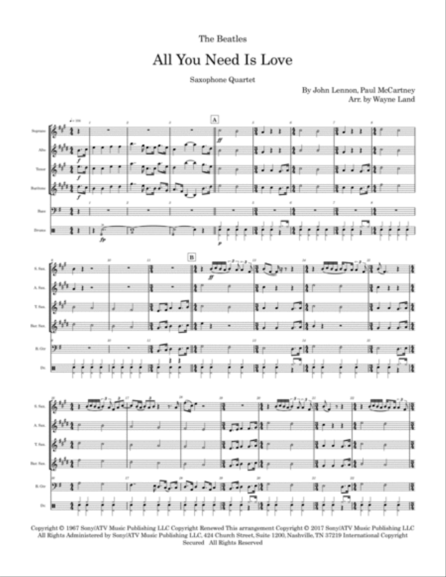 All You Need Is Love Saxophone Quartet scores gallery preview page 2