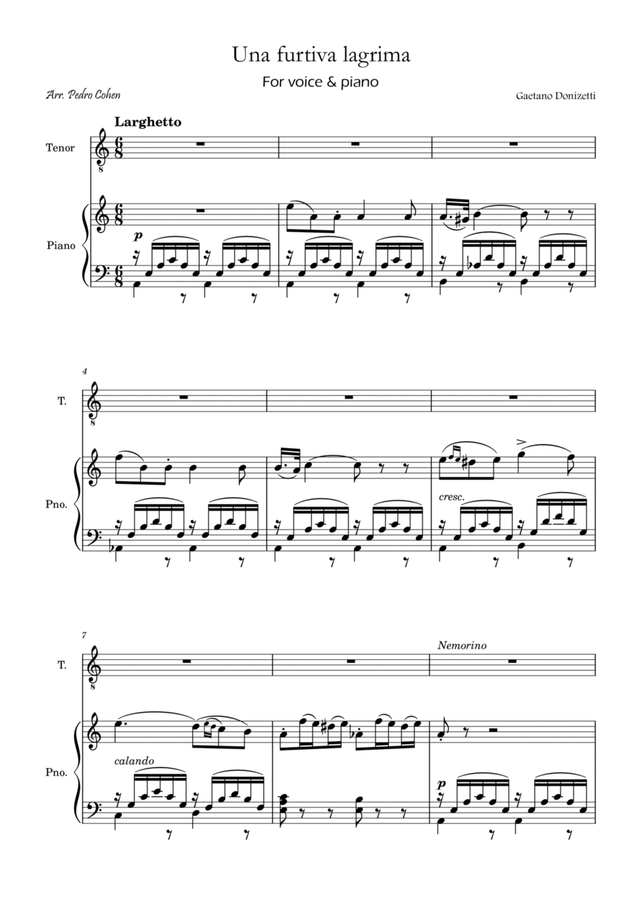 Una Furtiva Lagrima (Tenor in Am) Piano, Vocal, Guitar scores gallery preview page 1