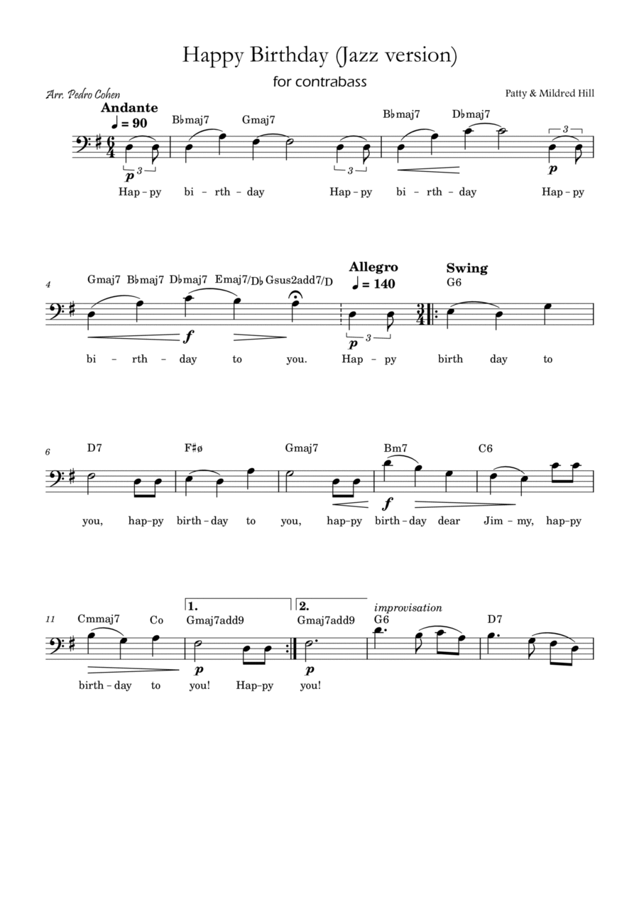 Happy Birthday (jazz version) Double Bass scores gallery preview page 1