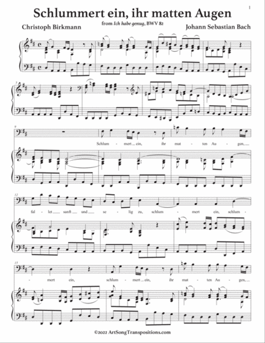 BACH: Schlummert ein, ihr matten Augen, BWV 82 (transposed to D major) Voice scores gallery preview page 2