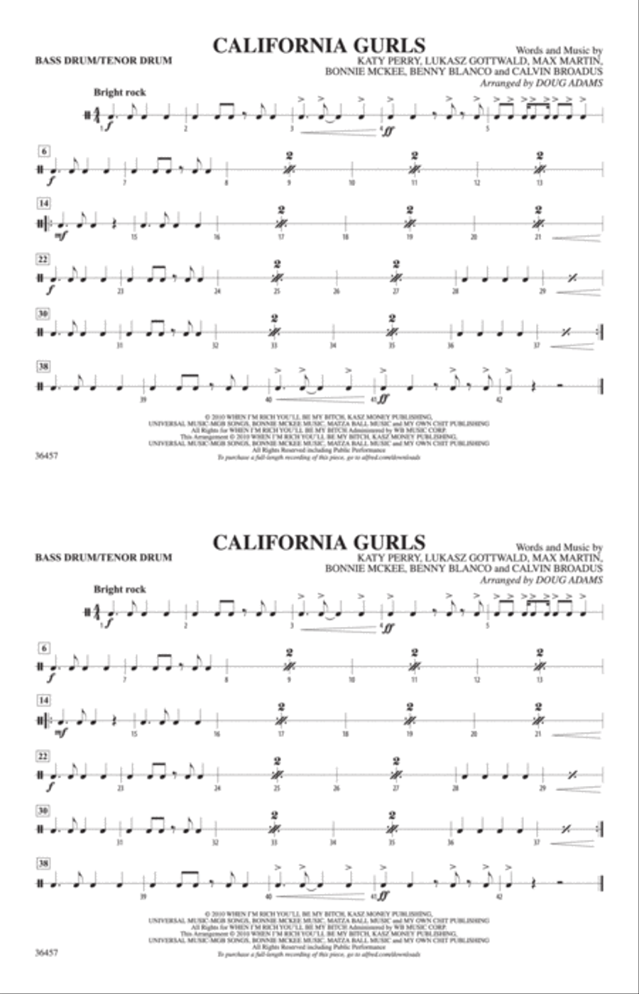 California Gurls: Bass Drum/Tenor Drum Marching Band scores gallery preview page 1