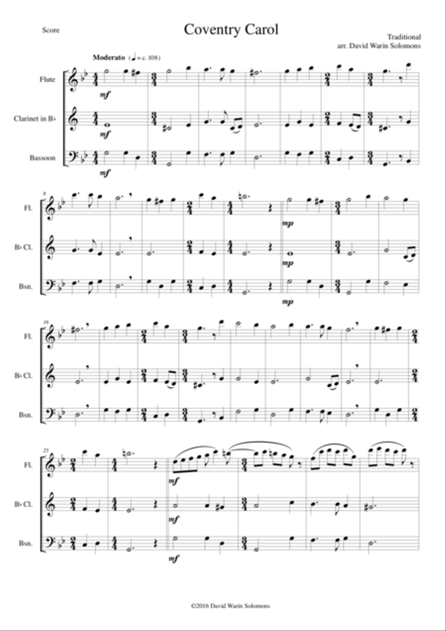 Coventry Carol for wind trio Woodwind Trio scores gallery preview page 1