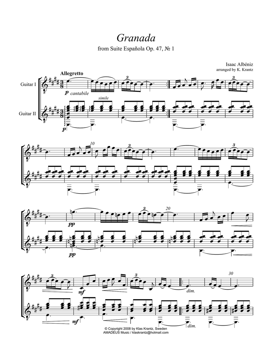 Granada from Suite Española for guitar duo Classical Guitar scores gallery preview page 2