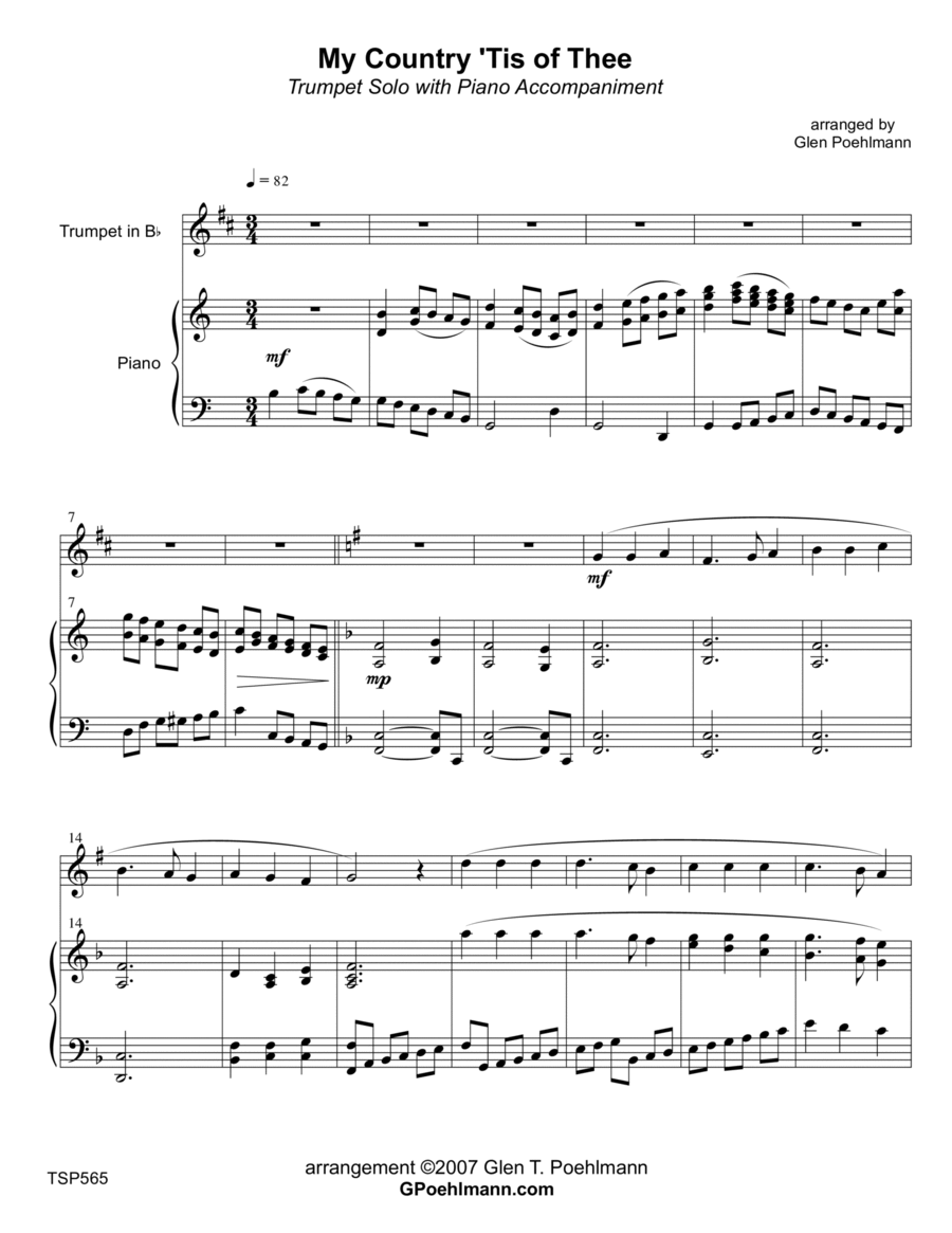 MY COUNTRY TIS OF THEE (America) - TRUMPET SOLO with Piano Accompaniment Trumpet Solo scores gallery preview page 1