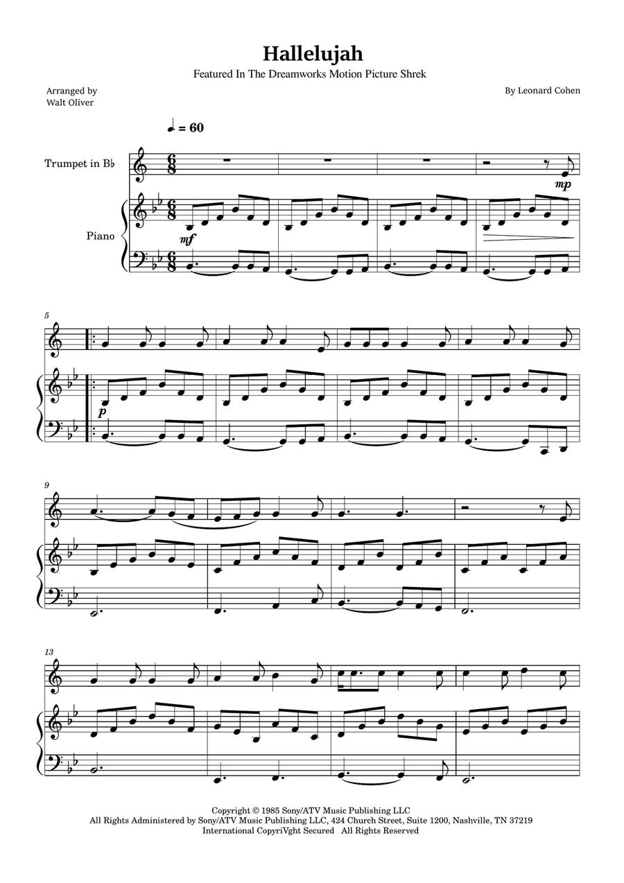 Hallelujah B-Flat Trumpet scores gallery preview page 1