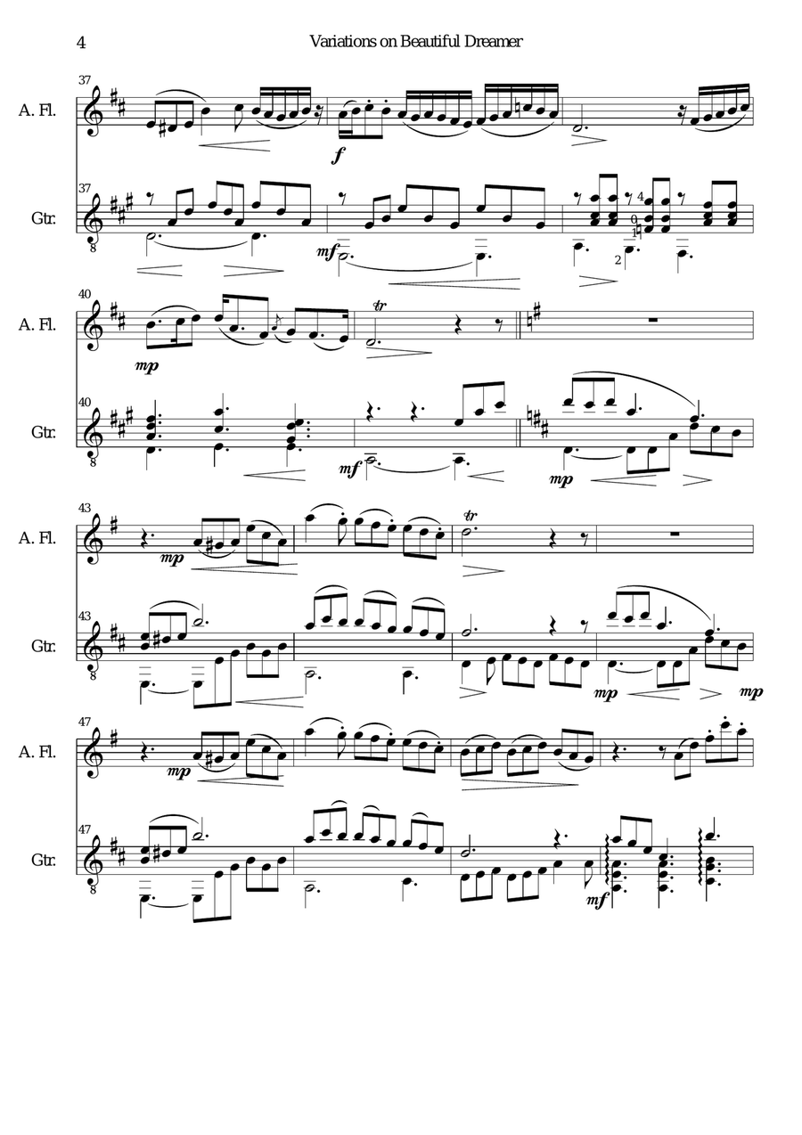 Variations on Beautiful Dreamer for alto flute and guitar Flute scores gallery preview page 4