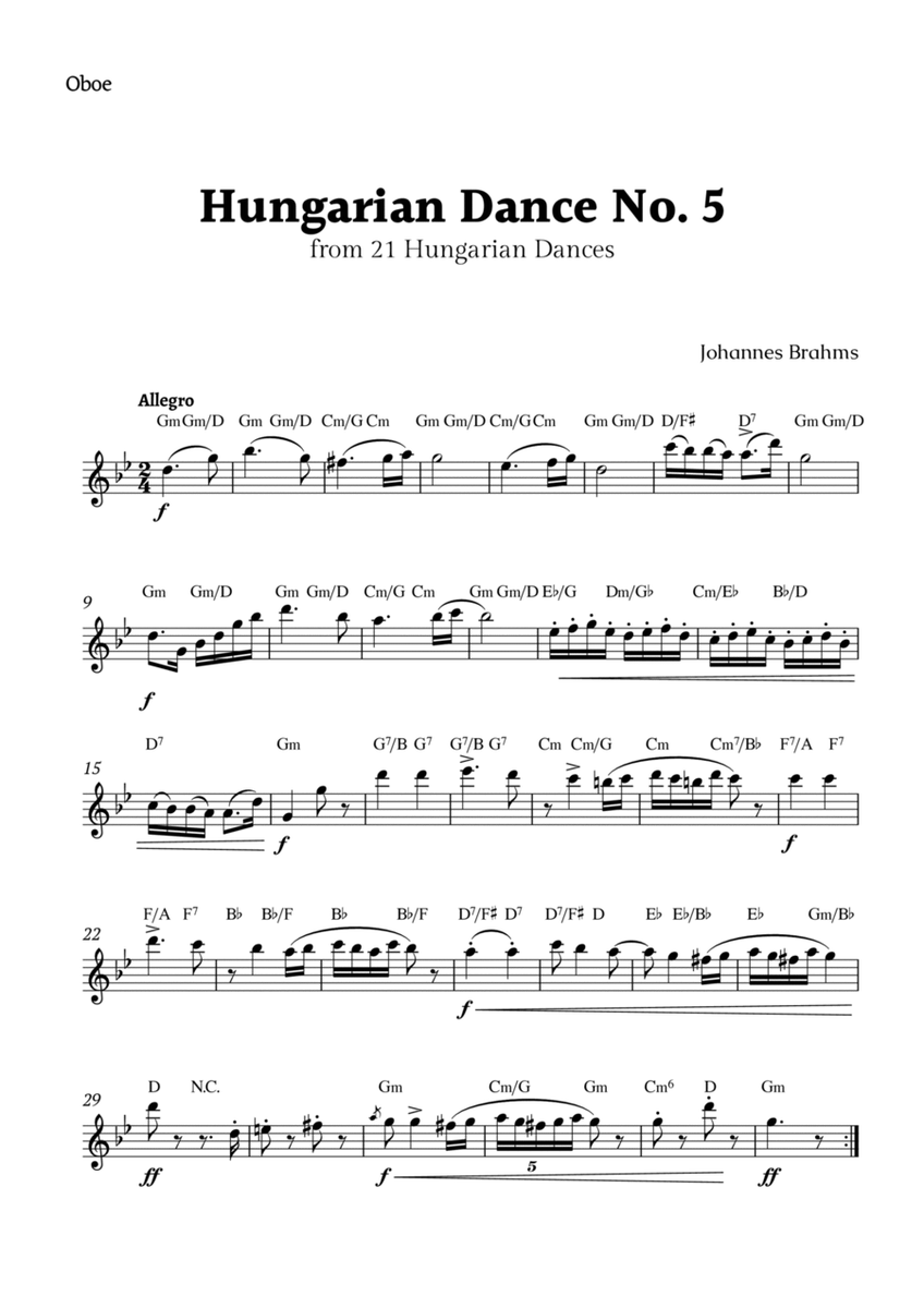 Hungarian Dance No. 5 by Brahms for Oboe Solo image number null