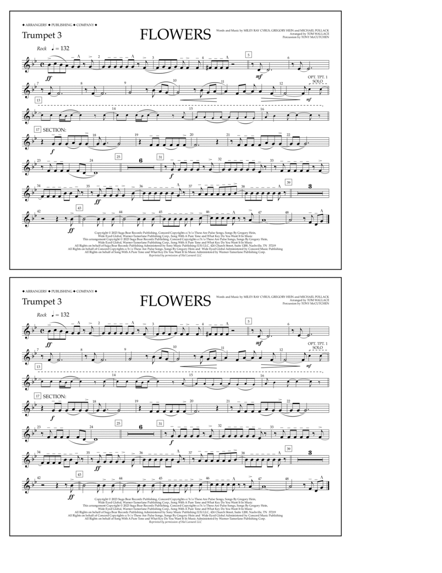 Flowers (arr. Tom Wallace) - Trumpet 3 Marching Band scores gallery preview page 1